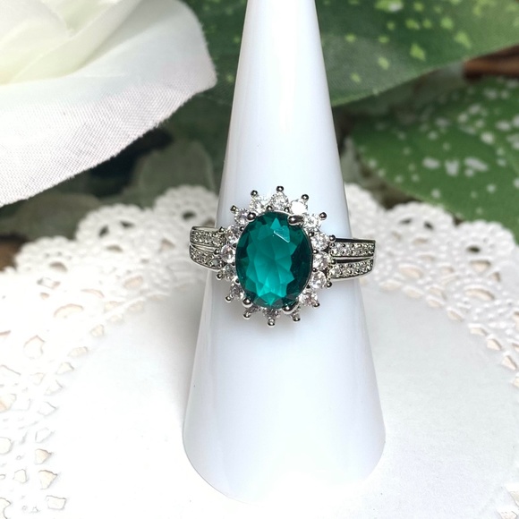Jewelry - Sterling Silver Oval Cut Teal Crystal Halo and Double CZ Channel Set Ring